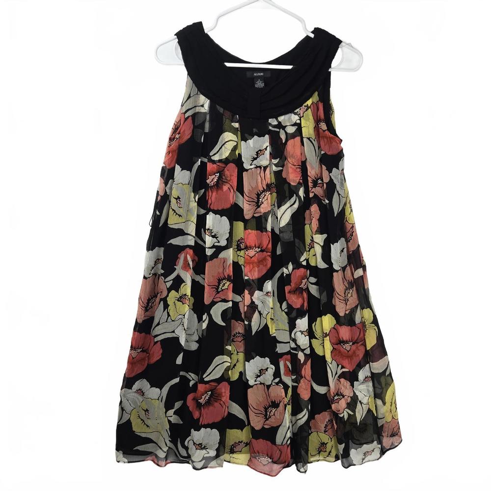 Alfani Silk Black Floral A-Line Dress Size 2